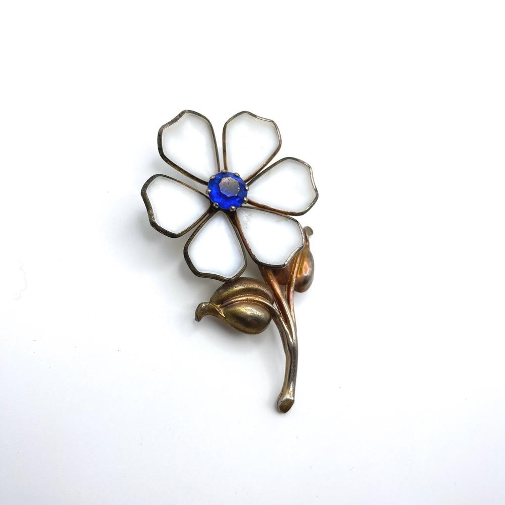 1940s Trifari Gripoux Poured Glass Flower Fur Clip Blue Rhinestone For Repair